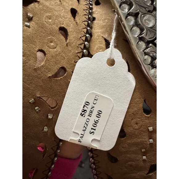 Justin Western Style Leather Belt With Silver Rhinestone Buckle & Floral Cutouts - Picture 5 of 10